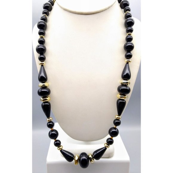 Chic Vintage Black Lucite Beads Necklace with Gold Tone Spacers, Lovely Basic - Picture 1 of 3